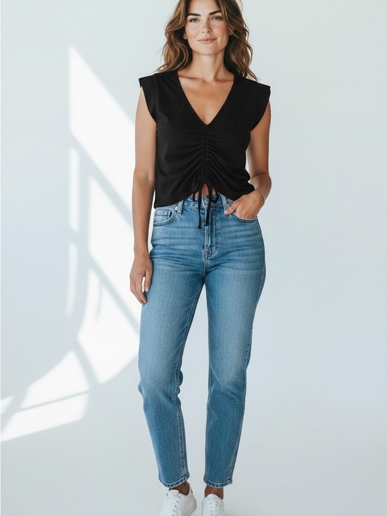 Roxy Tops - Roxy Black Ruched V-Neck Cap Sleeve Cropped Top Size Medium